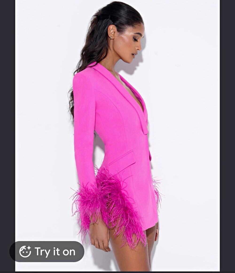 Miss Circle Madeline Pink Blazer Mini Party Dress Feather Cuffs V-Neck Lined XS